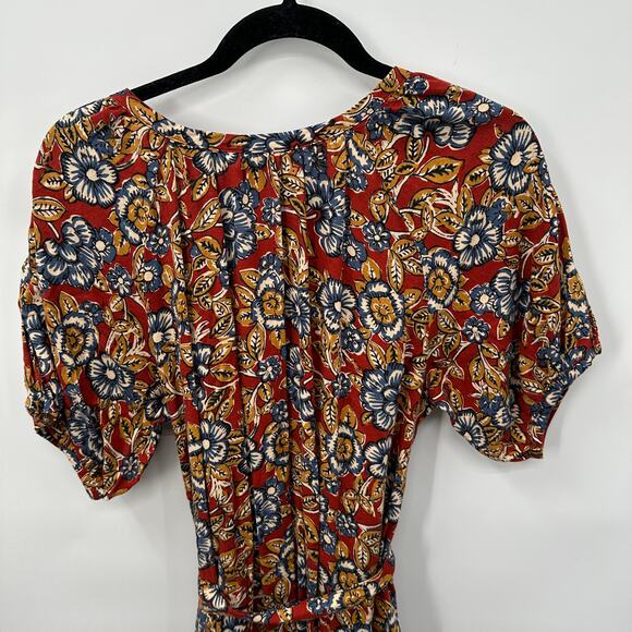 FAHERTY NWT Carmel Linen Blend Tie Waist Red Floral Button Down Midi Dress // M - Picture 13 of 16